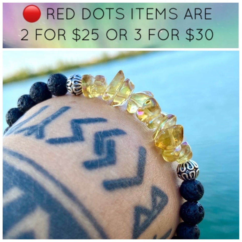 🔴 Yellow iridescent crystal glass + lava rock beads bracelet